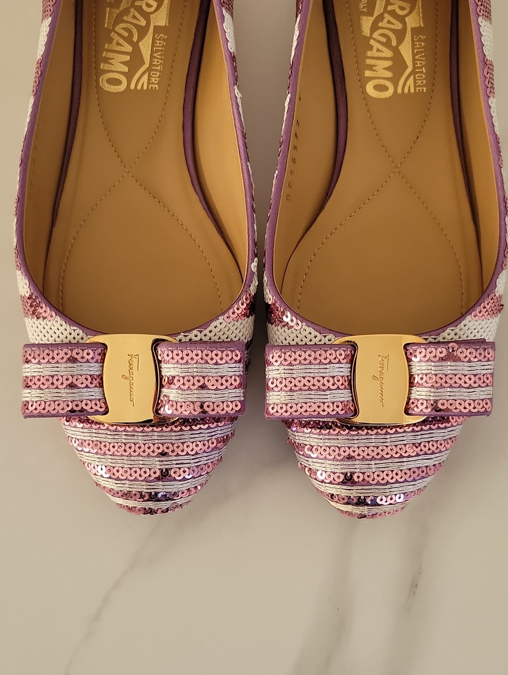 Salvatore Ferragamo Pink & White Sequined Bow Ballet Flats - Picture 9 of 16
